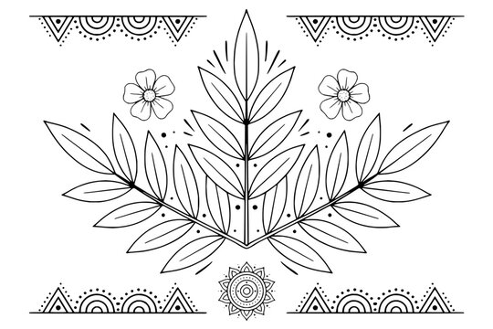 Symmetrical Leaf Arrangement with Floral Mandala and Decorative Borders