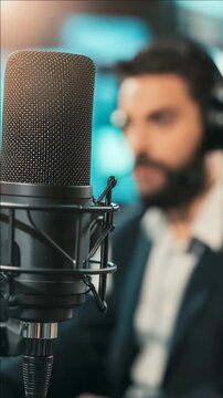 A man with glasses and a beard sitting at a desk, facing away from the camera, with a large black microphone on a stand in front of him. The background is blurred but appears to be an office setting.