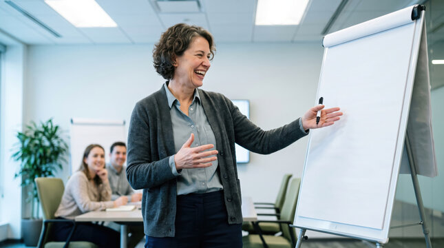 Businesswoman laughing brainstorm presentation office team flipchart meeting training corporate middle aged businesswoman laughing during brainstorm presentation office meeting room with team