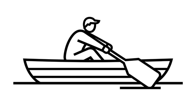 Minimalist Linear Icon Illustration of a Person Rowing a Small Boat on Water
