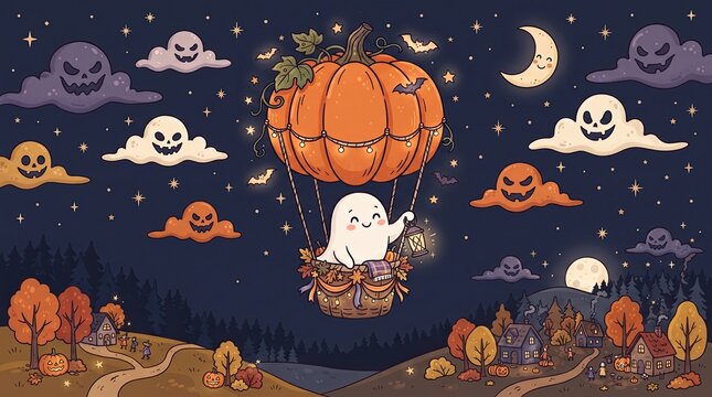 Cute ghost in a pumpkin hot air balloon flying over night autumn landscape Halloween illustration