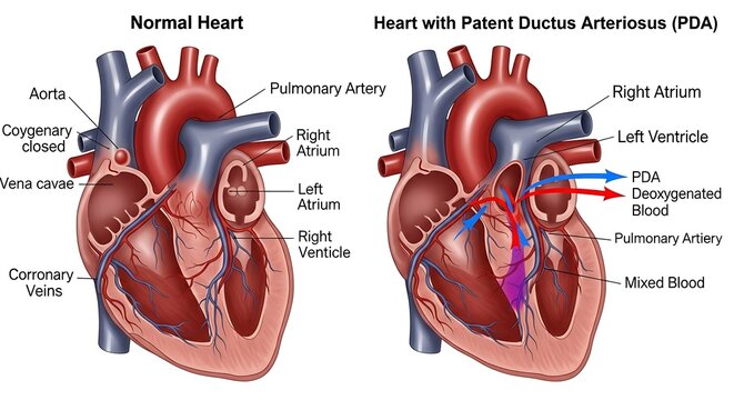Normal human heart anatomy compared with Patent Ductus Arteriosus (PDA)