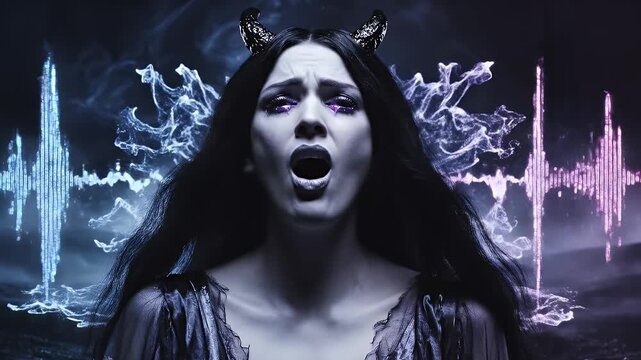 Mysterious woman with horns exhaling magical smoke, dramatic stormy background, fantasy portrait