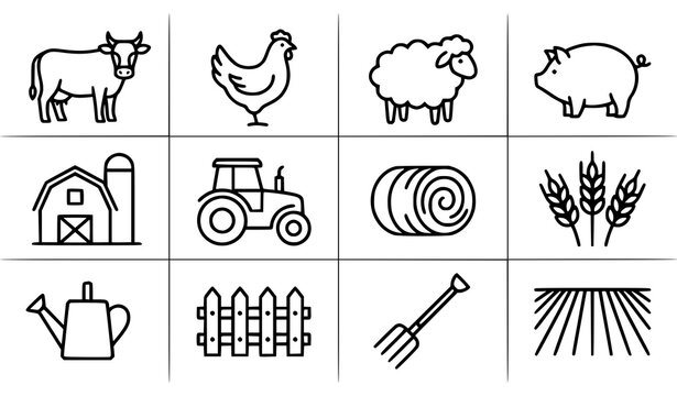 Farm agriculture livestock tractor and rural life line vector icon set