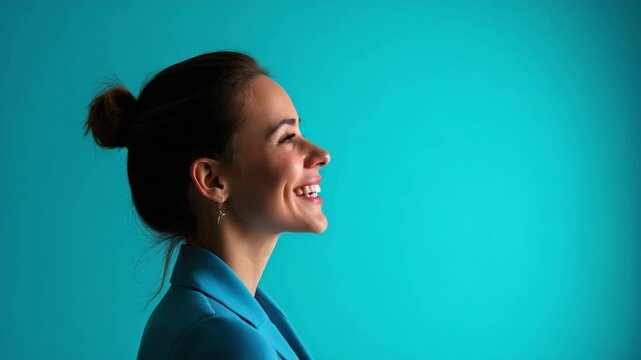 Profile side clip of young business woman happy positive smile look type report project isolated over blue color background fashion editorial shot, high-fashion imagery, avant-garde.