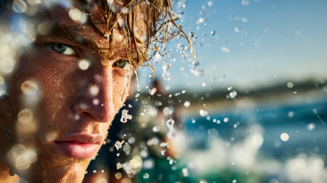 Close up portrait of a wet handsome man surrounded by water splashes face