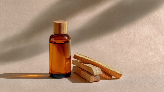 Amber essential oil bottle next to palo santo wood sticks aroma aromatherapy