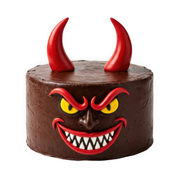 Devil cake with red horns and angry face isolated on transparent background