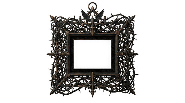 Ornate gothic picture frame with thorns and spikes isolated on transparent background