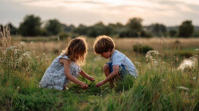 Two children exploring nature by squatting together in a grassy meadow at sunset