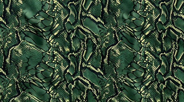 Seamless snake skin pattern in deep green and black shades for fashion fabric design wildlife reptile animal print wallpaper background