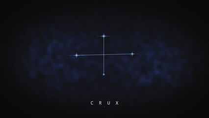 The Crux constellation glows in blue starlight against a deep nebula backdrop with its name labeled below, perfect for astronomy education content and space-themed marketing. © DBFilms