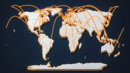 A stylized glowing orange world map traces dozens of airline routes converging over Western Europe, ideal for aviation branding, global trade visuals, and logistics presentations. © DBFilms