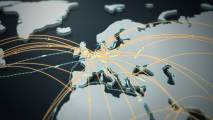 A close-up 3D map of Europe glows with dense orange flight paths converging over major hubs, a strong visual for airline branding, trade routes, and logistics marketing videos. © DBFilms