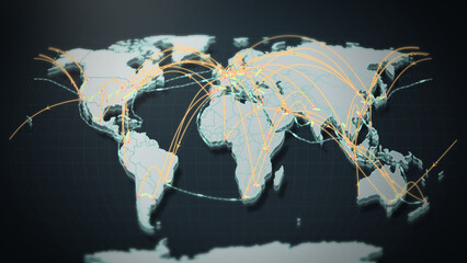 A wide 3D world map glows with orange flight arcs connecting continents across the globe, a strong visual for airline branding, logistics dashboards, and trade marketing content. © DBFilms