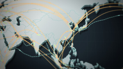 A close-up 3D world map traces glowing orange flight paths converging over East Asia and the Middle East, perfect for airline branding and cross-border trade route visuals. © DBFilms