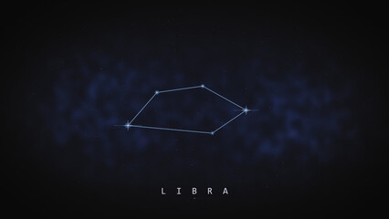 The Libra constellation traces its balanced scale-shaped star pattern in glowing blue light across a wide dark sky, ideal for zodiac graphics and astrology advertising content. © DBFilms
