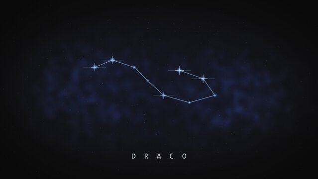 The Draco constellation winds its long serpentine star pattern across a wide dark sky in glowing blue, ideal for astronomy graphics, planetarium content, and space-themed ads.