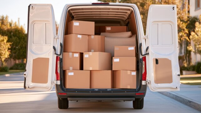 White delivery van loaded with neatly stacked cardboard boxes rear view open doors
