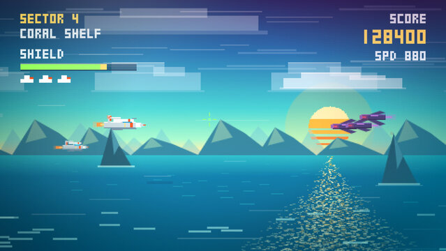 A pixel-art retro side-scroller shows a spaceship dogfight over a sunset ocean with mountain islands, ideal for arcade game trailers and nostalgic shoot-em-up marketing content.