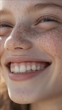 A happy young woman with a broad smile and visible red freckles on her face. She has braces on her teeth.
