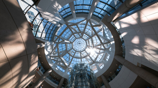 Low Angle View of Modern Glass Dome Architecture Atrium