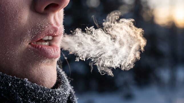 Person Exhaling Visible Breath in Freezing Cold Winter Weather