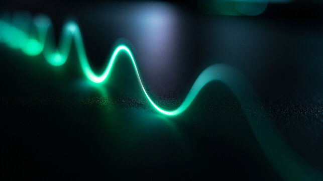Glowing Green Sine Wave Frequency Line on Dark Surface