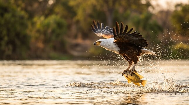 African Fish Eagle Catching Fish in River at Sunset
