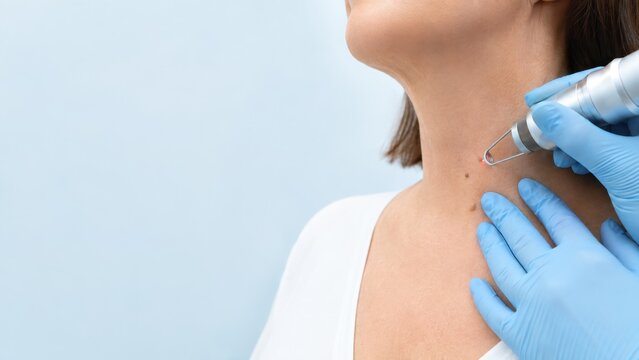 Close-up of professional dermatologist performing mole removal procedure on woman neck skin