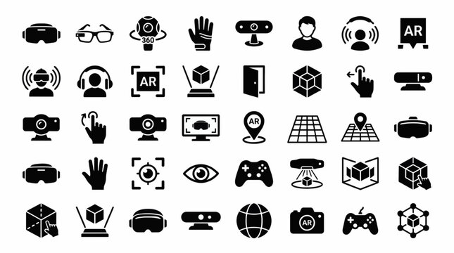Virtual and augmented reality glyph icons set featuring VR headsets smart glasses gaming controllers and 3D simulation symbols