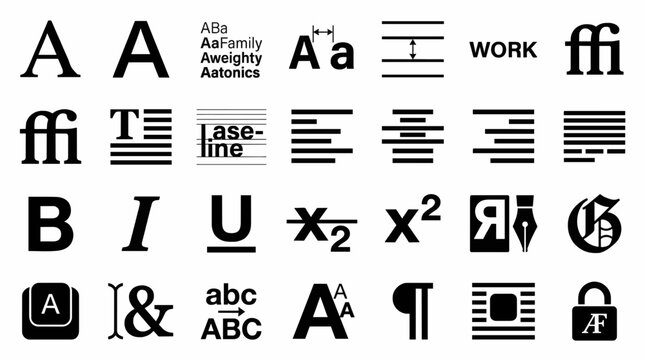 Black and white typography icons set for text formatting, font styles, alignment, and editor tool symbols