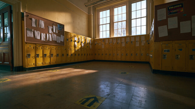 Empty School Hallway with Yellow Lockers in Natural Sunlight