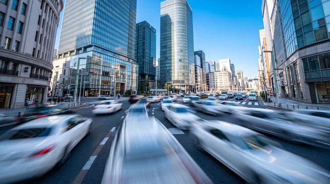 Busy City Traffic and Skyscrapers in Modern Financial District