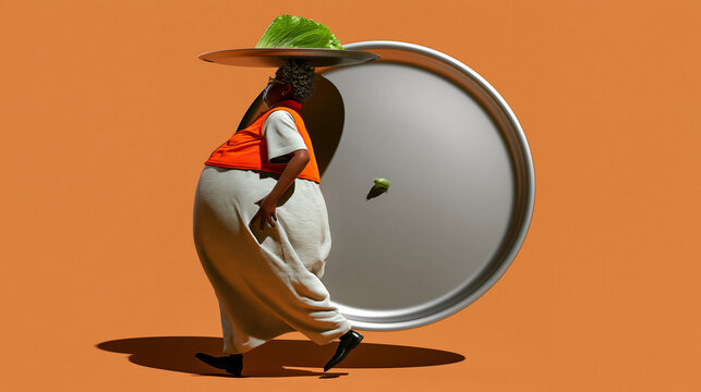 Surreal Illustration of Diet Portion Control and Nutrition Metaphor