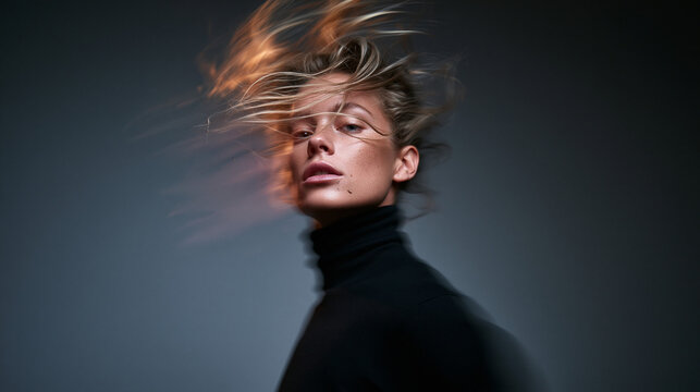 Young Woman with Dynamic Motion Blur Hair in Studio Portrait