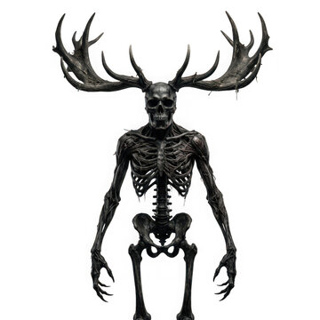 Dark fantasy skeleton creature with deer antlers isolated on transparent background