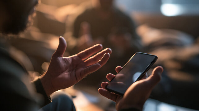 Man Holding Smartphone and Gesturing During Discussion