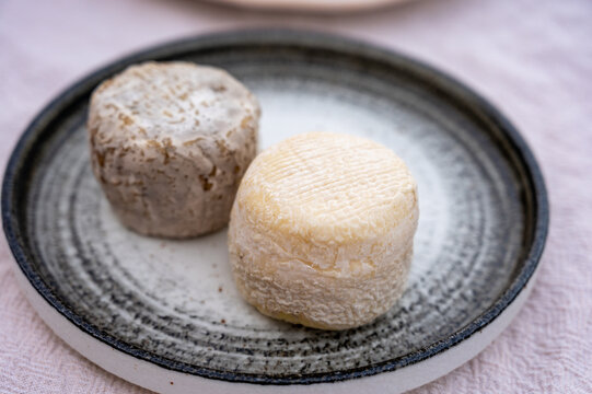 Crottin de Chavignol young and matured, small French goat cheese from Loire Valley village of Chavignol, natural rind that matures from white to bluish-grey with age in cheese farm