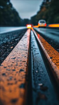 Moody urban scene with wet pavement and blurred lights.