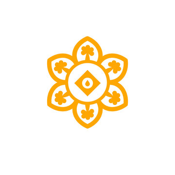 A decorative orange floral ornament. Geometric mandala design with a central drop motif, isolated object. Transparent PNG illustration