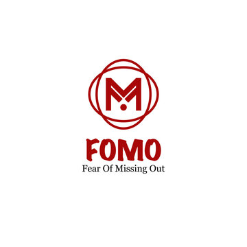 Modern red FOMO logo with letter M monogram inside circular line frame. Transparent PNG illustration