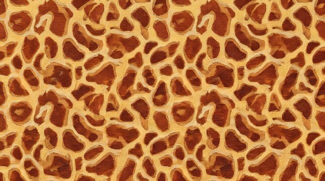 Seamless abstract giraffe skin pattern with natural brown and yellow spots on a textured woven fabric background for exotic fashion and modern interior design