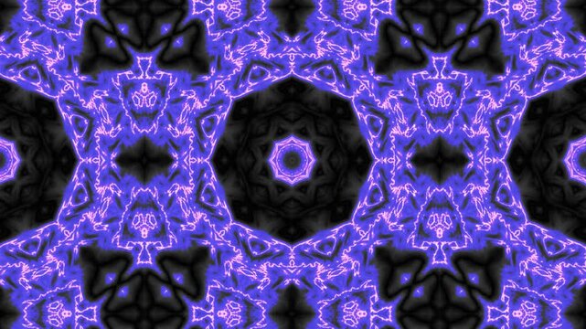 Blue abstract patterns resembling flowers and stars gently move and shimmer through a dark atmospheric background.
