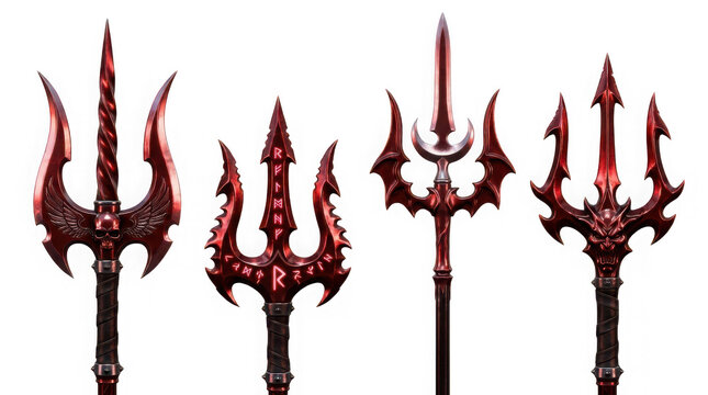 Set of four ornate red demonic tridents with skulls and runes isolated on transparent background
