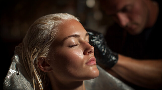 Hair coloring session in a salon with a stylist applying dye to a client's hair in soft lighting