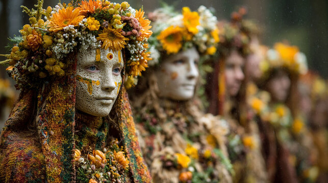 Harvest festival celebration in Germany with people dressed in floral costumes