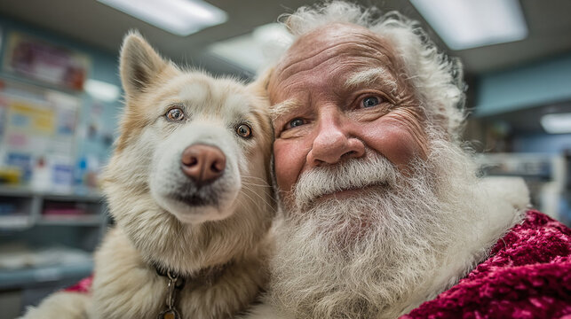 Santa with a dog at the vet clinic during a visit with a smiling expression on both faces