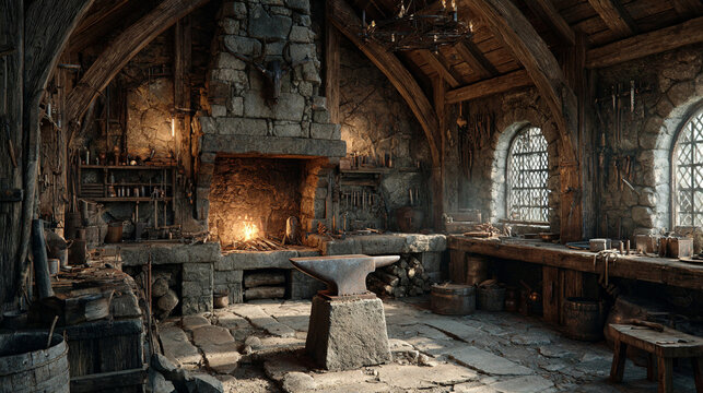Crafting tools in a rustic blacksmith workshop with fire and tools in the early morning
