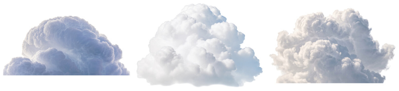 Three ethereal, fluffy cumulus cloud formations with soft light and varying textures.